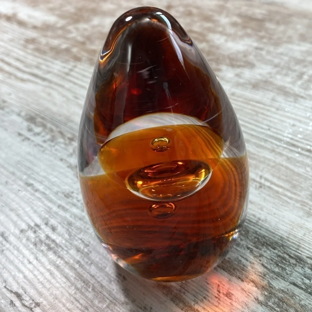 Vintage Amber Art Glass Teardrop Paperweight Murano Style Controlled Bubble